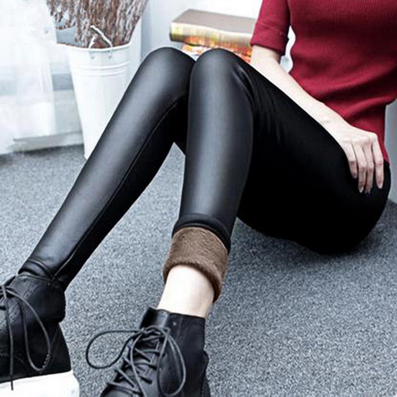 Faux Leather Pants Women High Waist Slim Fashion Leather Leggings Women  Casual Thick Velvet Stretch Warm Leggings - AliExpress