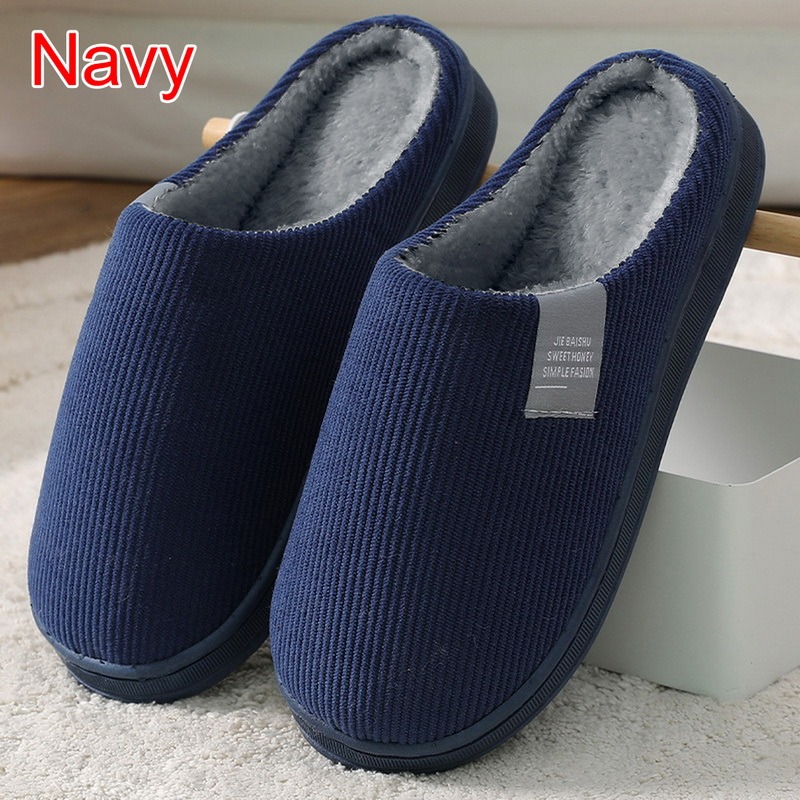 Winter Warm Cotton Slippers For Men Home Wear-Resistant Stripe Non-slip Indoor Slides Couple Women Shoes Classic Men Slippers