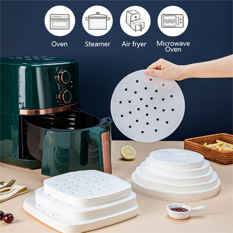 6.5/7.5/8.5 Inch Air Fryer Paper Liners 100Pcs Square Non-Stick Bakeware Parchments Steamer Pads Perforated Parchment Paper Mat Sheets for Air Fryer Steaming Cooking 