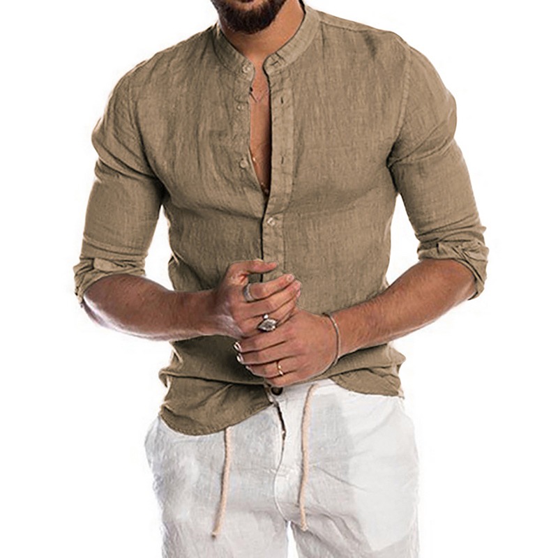 Men's Casual Cotton Linen Loose Long Sleeve Button T-Shirt